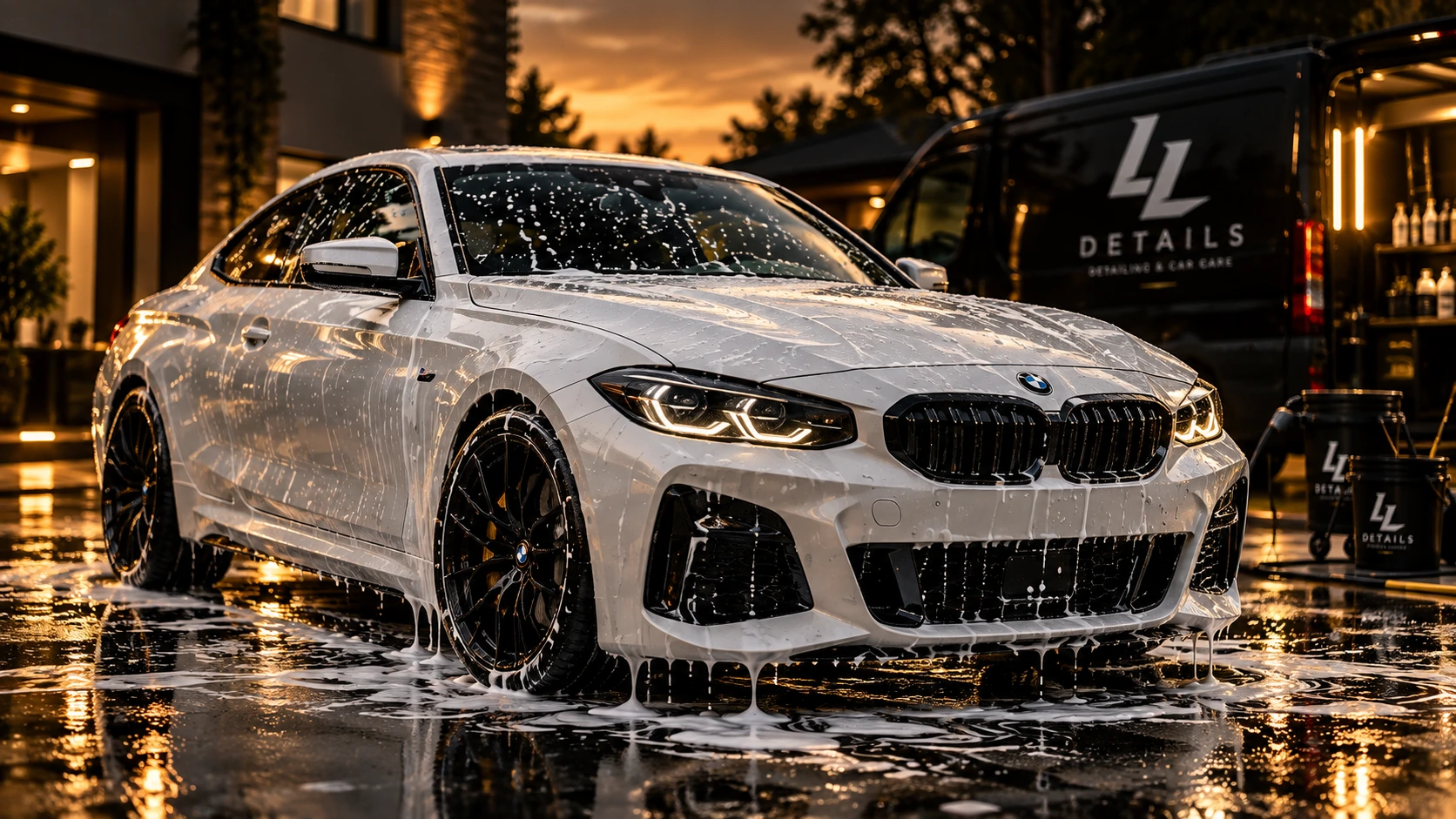Illustrative white BMW detailing concept; genuine completed jobs are shown in the gallery